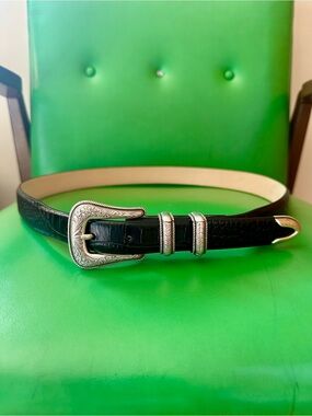 Western-Style Black Leather Belt with Ornate Silver Buckle